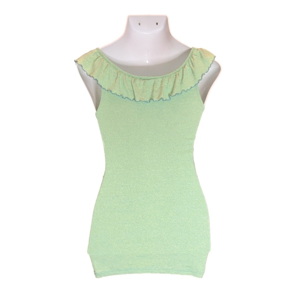 MICHAEL STARS Lime Green w/ Metallic Gold Thread & Blue Trim Ruffle Tank Top - Picture 4 of 10